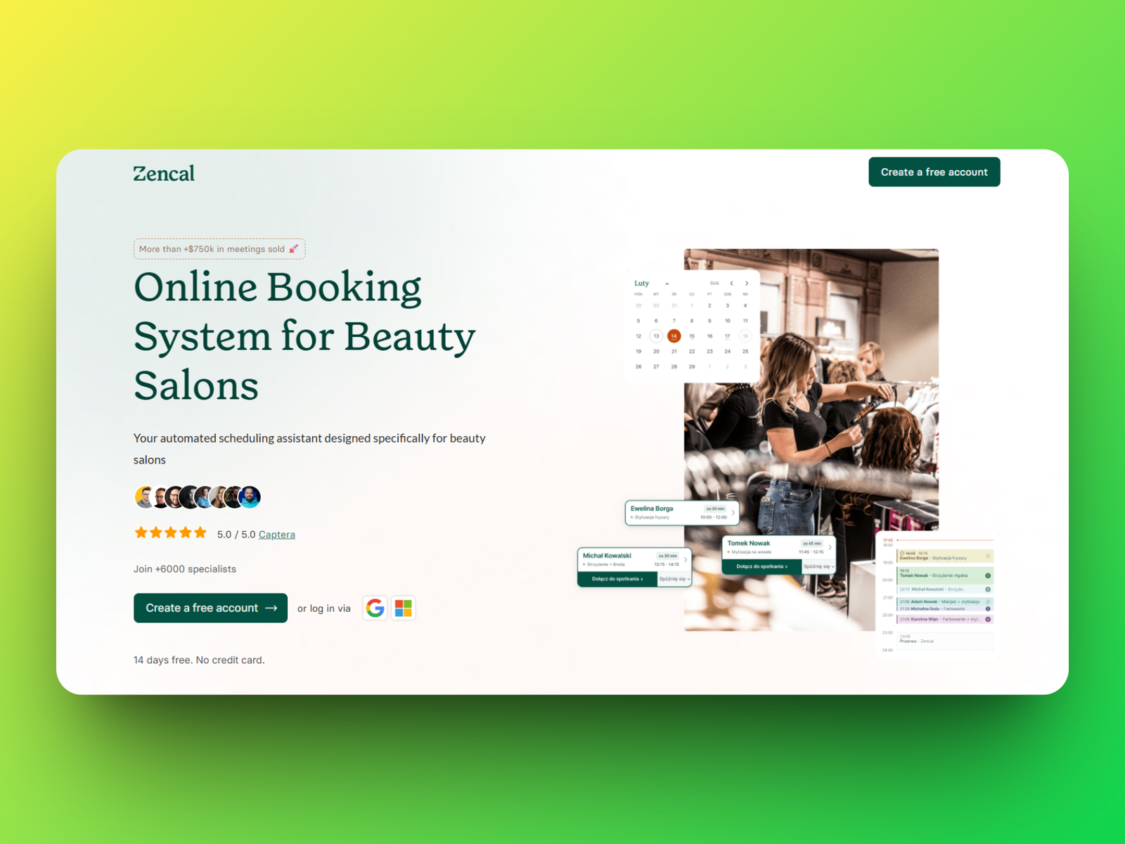 Zencal beauty salon software booking page overview showing appointment scheduling interface