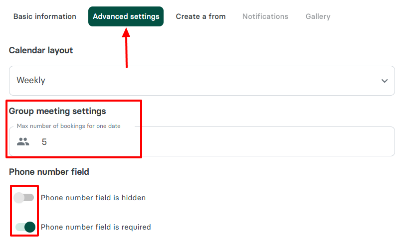 Zencal booking settings with phone number field for beauty salon clients