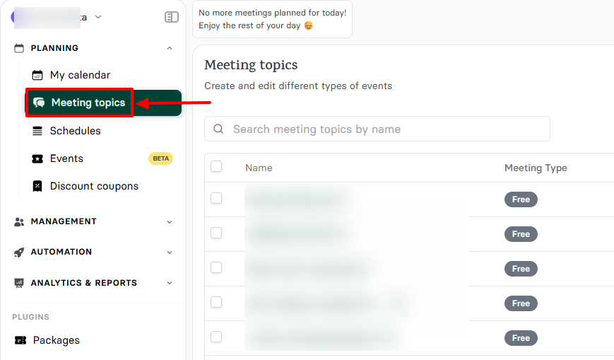 Zencal meeting topics page for creating beauty salon booking pages