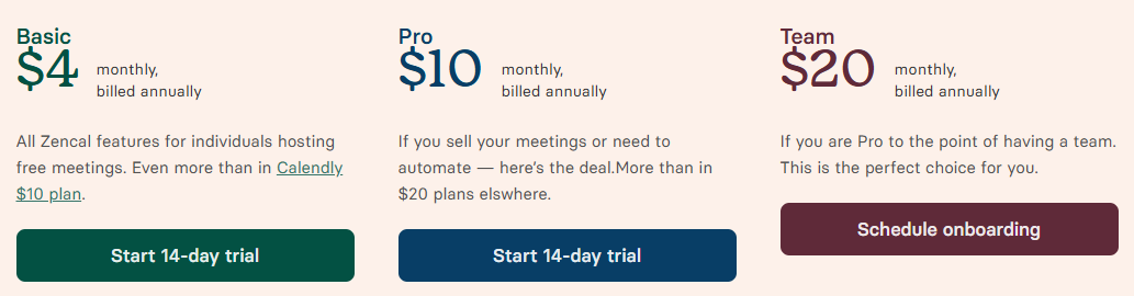 Zencal pricing plans for beauty salon software - Basic, Pro, and Team