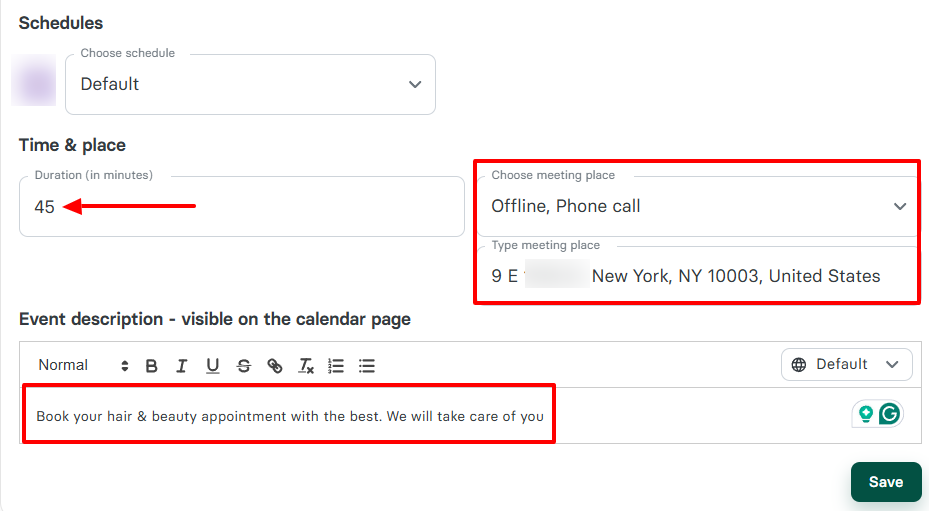 Zencal session duration and location settings for beauty salon appointments