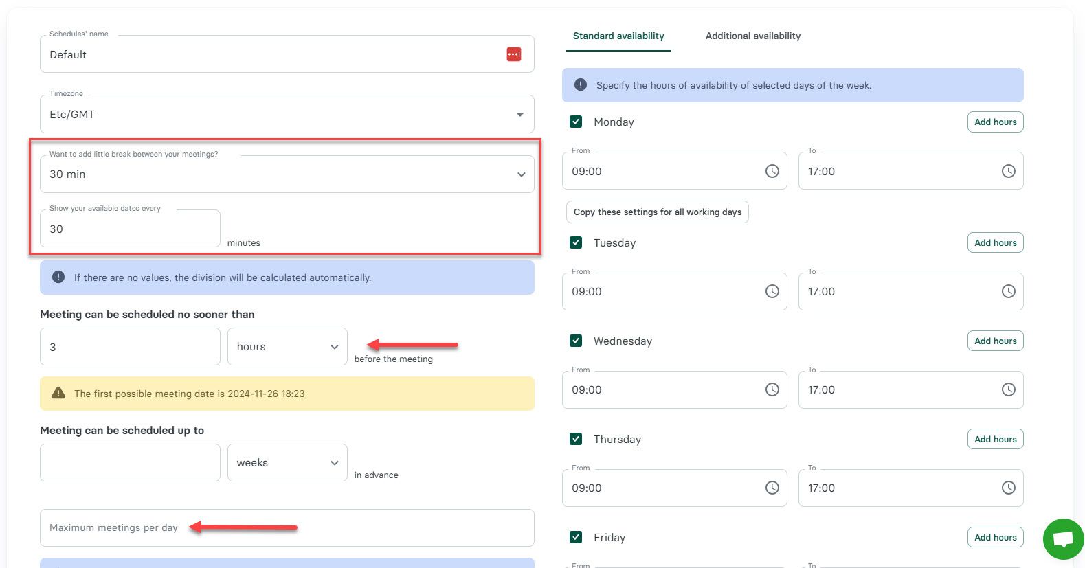 Additional availability settings in Zencal