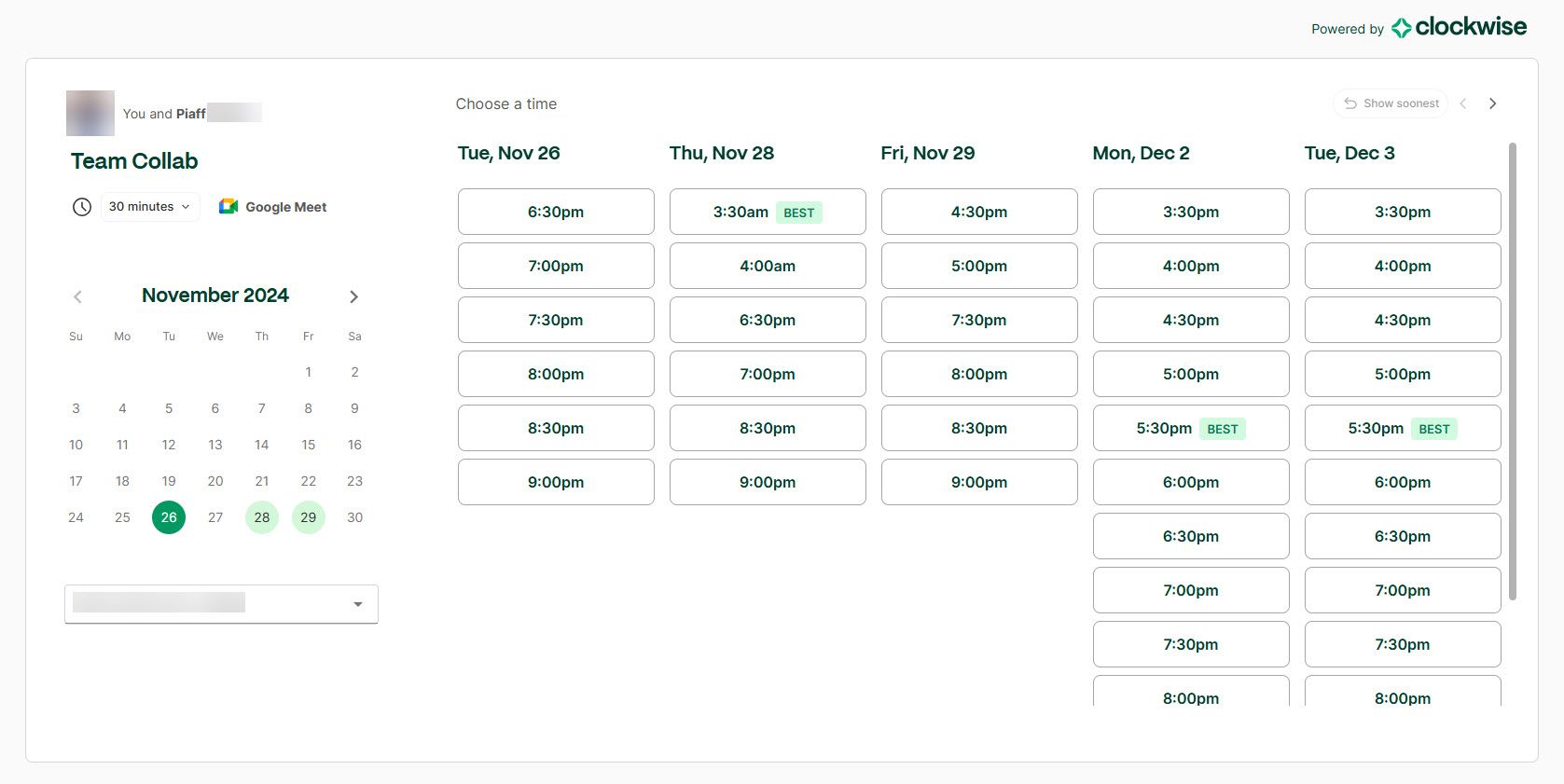 Meeting Booking Page Created With Clockwise