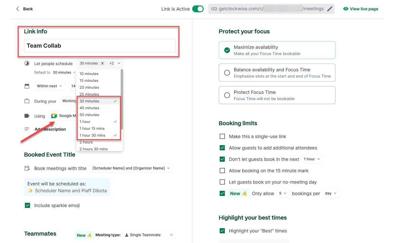 Booking Page Settings in Clockwise