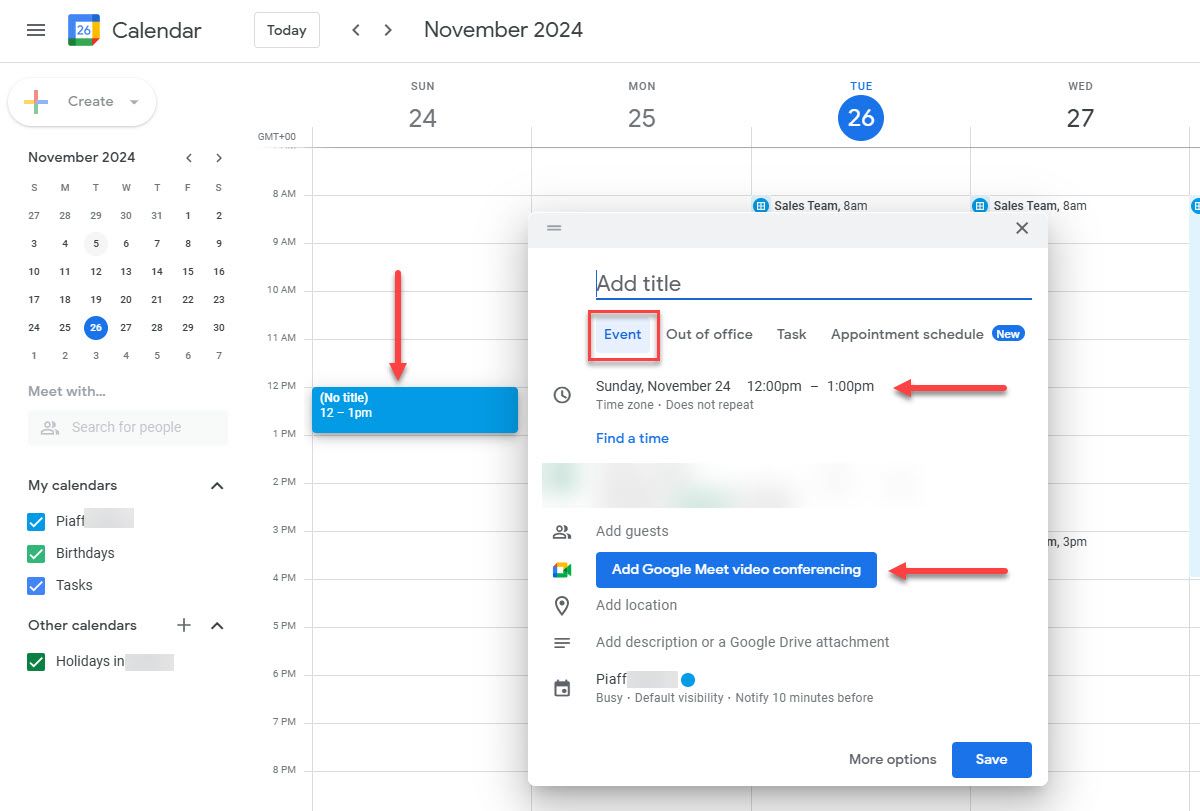 Create Meeting Event in Google Calendar