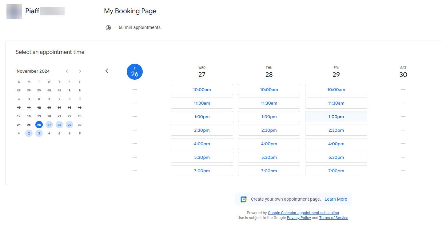 Booking Page Created With Google Calendar