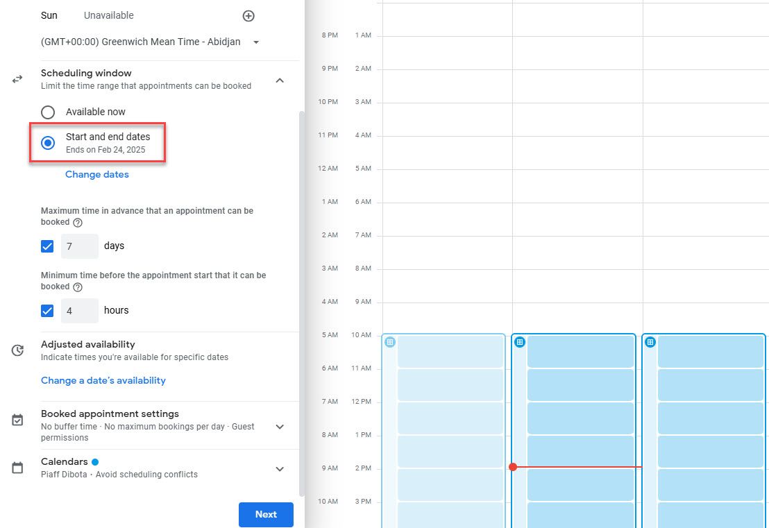Scheduling Window in Google Calendar