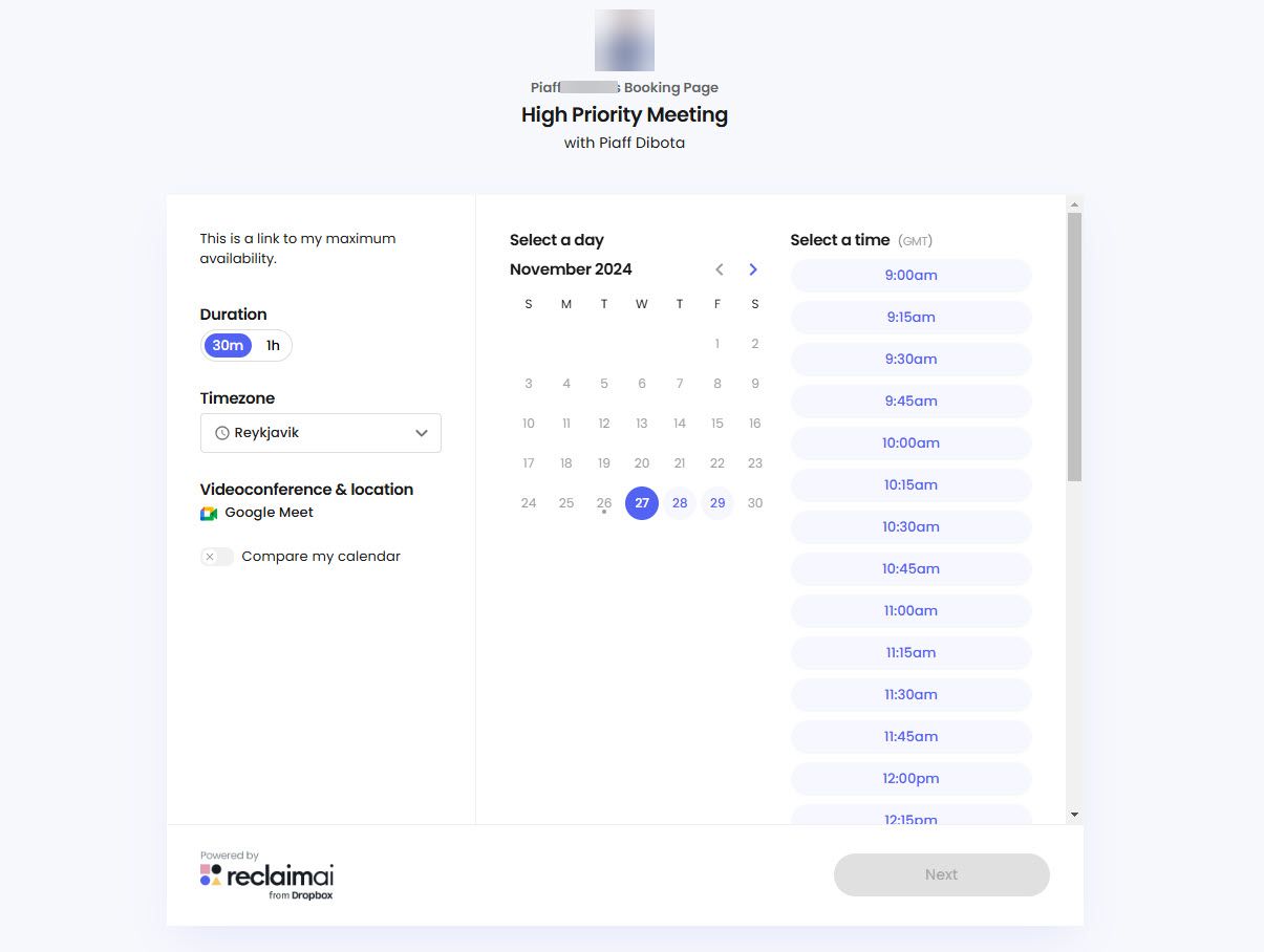 Booking Page Created With Reclaim AI
