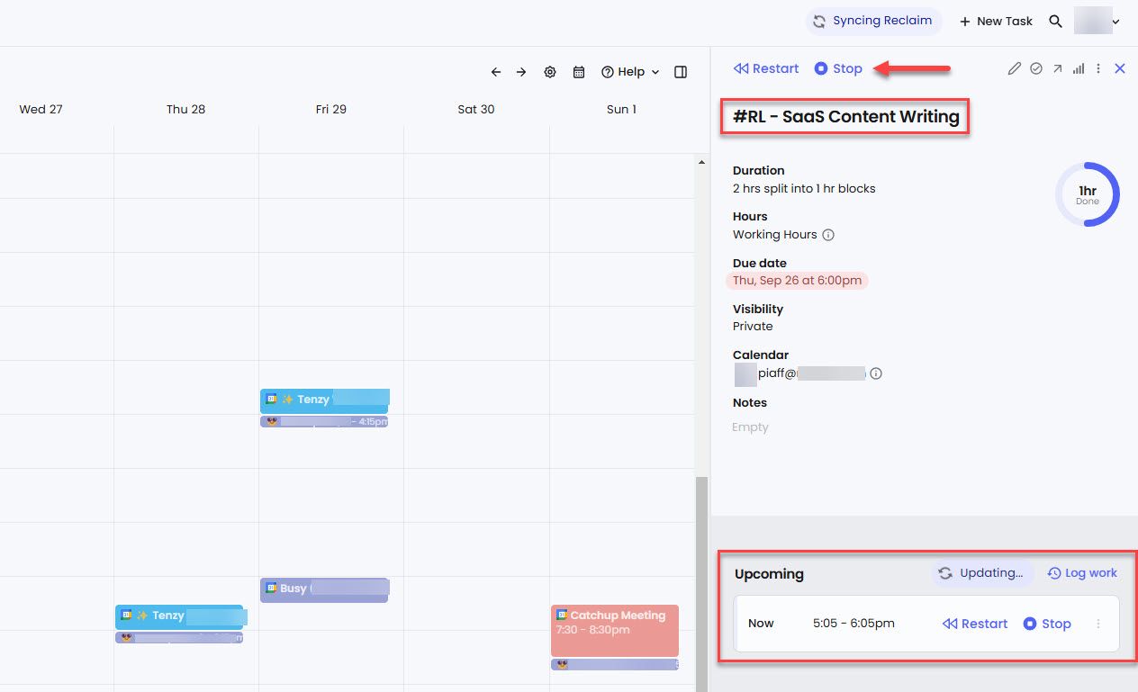 Start Task Timer in Reclaim AI