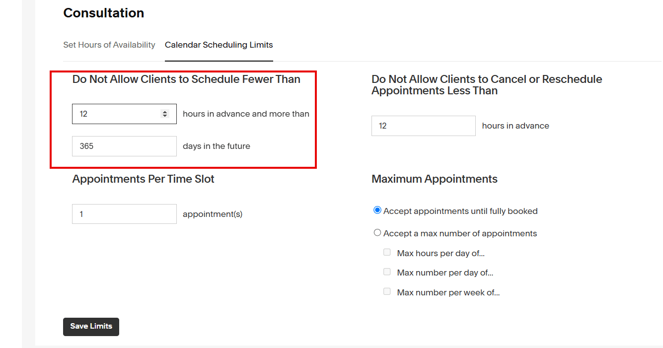 Acuity Calendar Scheduling Limits