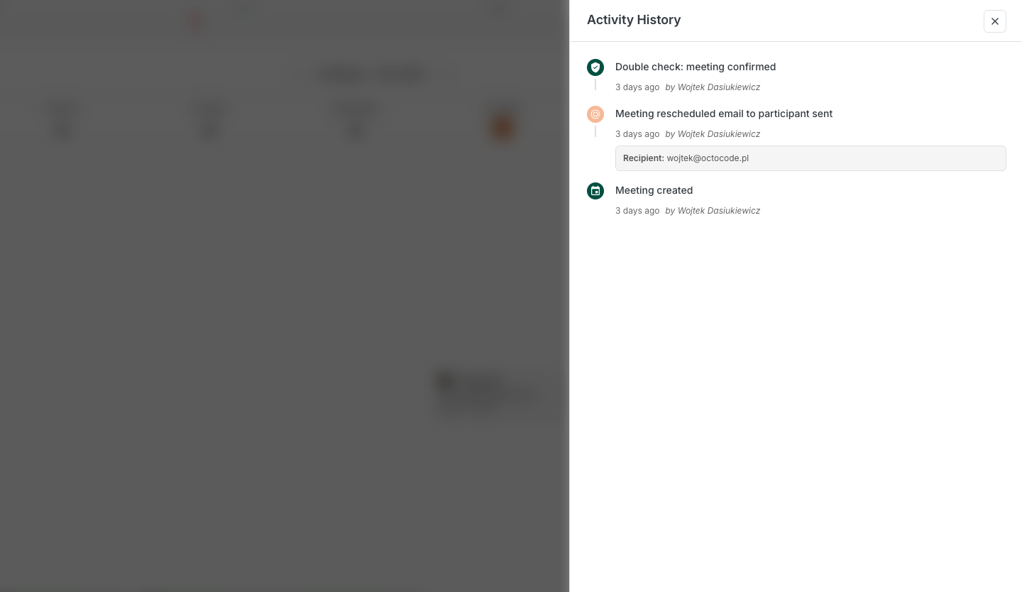 Meeting activity history in Zencal - Double Check confirmation visible