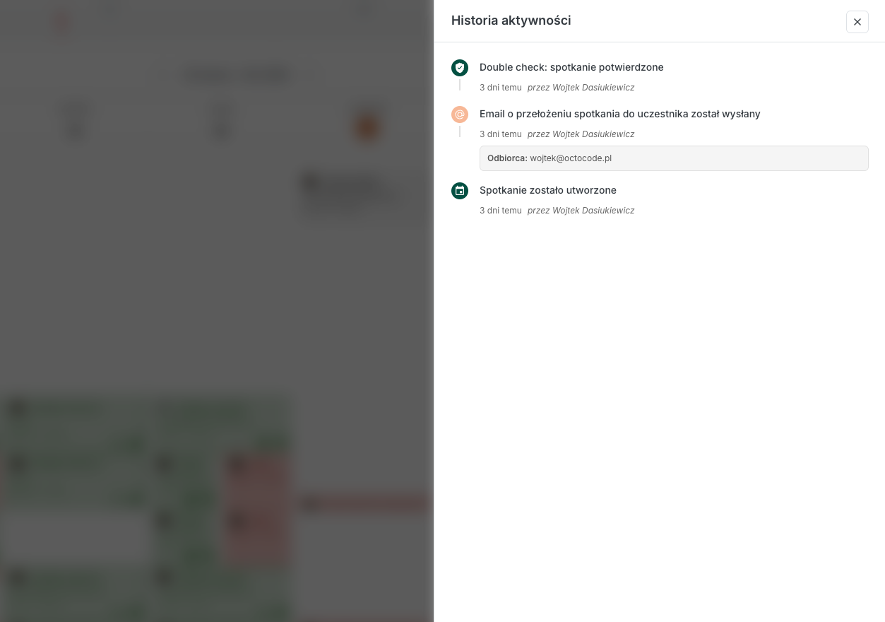 Historia aktywności spotkania w Zencal - widoczne potwierdzenie Double Check
