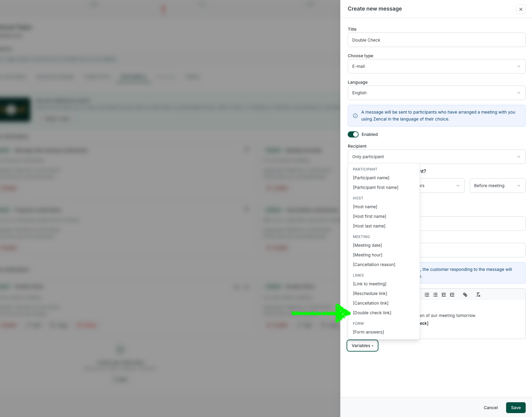 Double Check message configuration in Zencal - inserting the [Double check link] variable