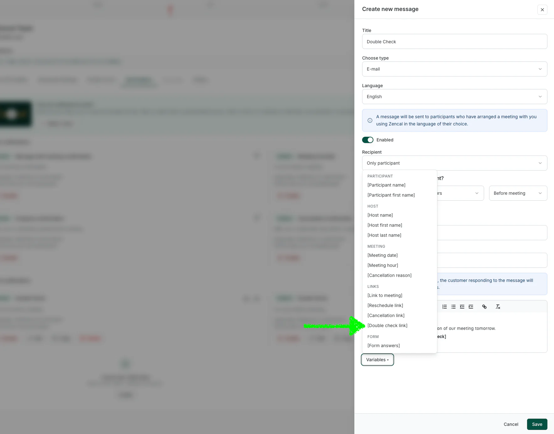 Double Check message configuration in Zencal - inserting the [Double check link] variable