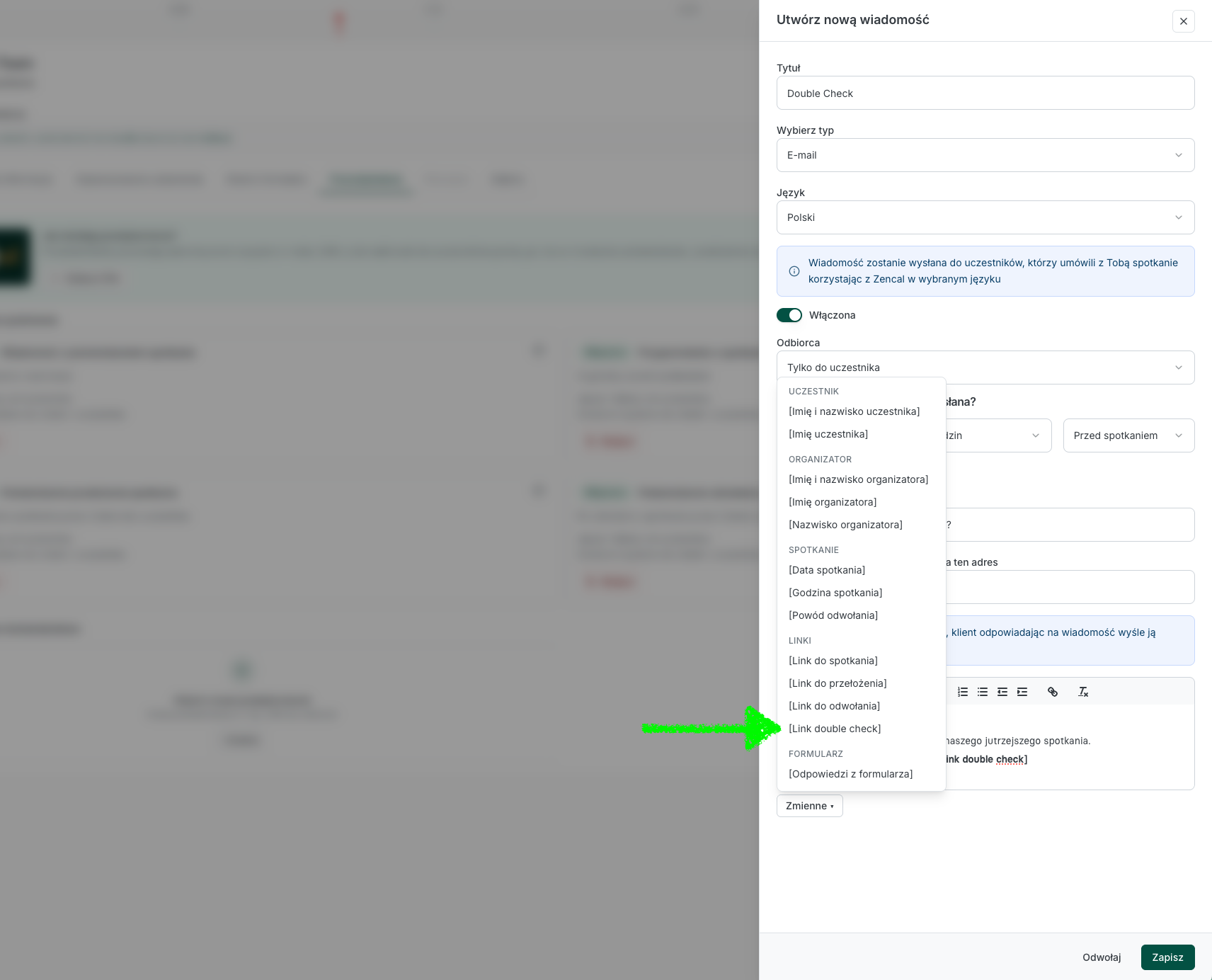 Konfiguracja wiadomości Double Check w Zencal - wstawianie zmiennej [Link double check]