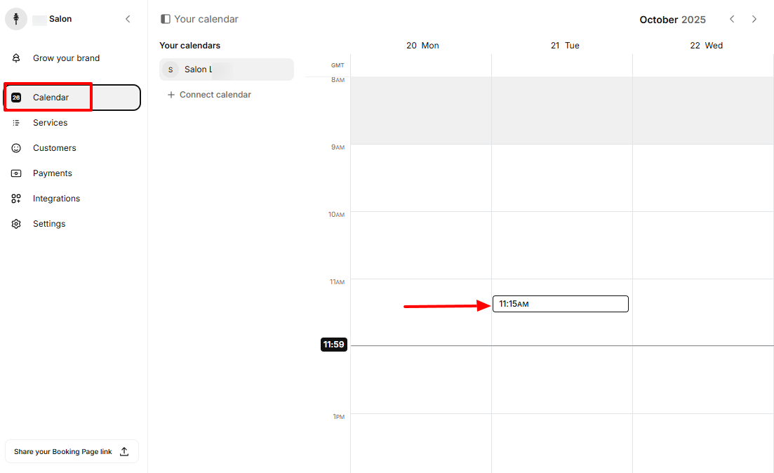 Below, I could also select a service, duration, and amount