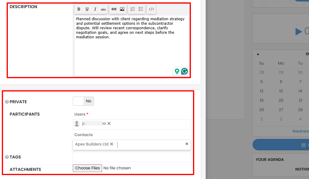 Below, you can add a description of the call, decide to make it private, add participants, tags, and attachments