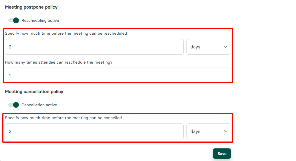 You can specify how much time before a meeting can be rescheduled or cancelled