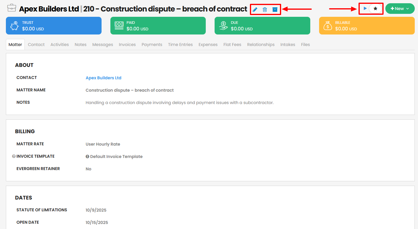 The matter is ready! You can edit or delete it. You also have the option to start a timer on the matter