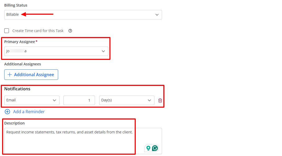 Choose the billing status and primary assignee. You can also choose the notification type with the number of days