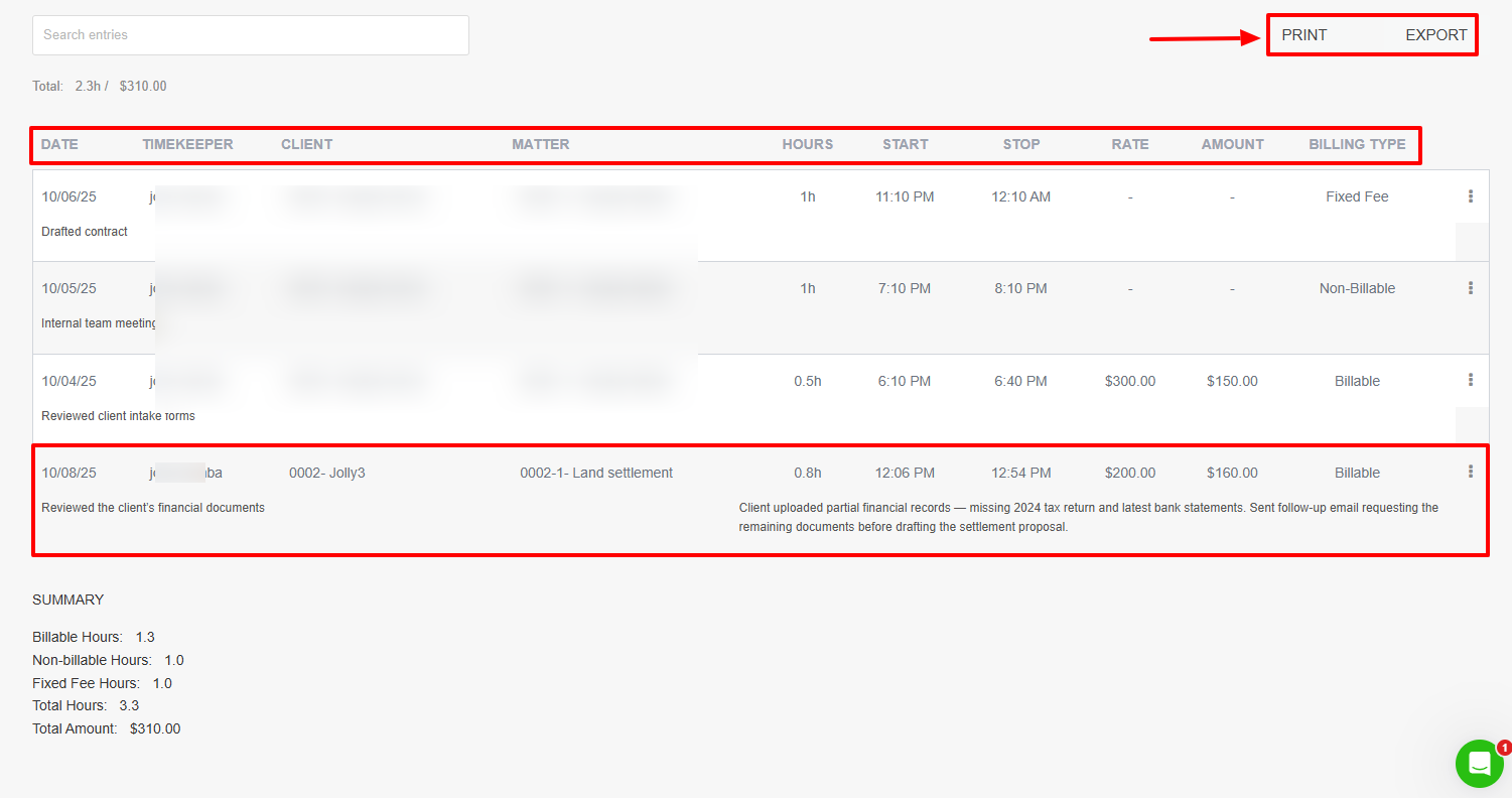 Once it is created, you'll see all the details you've previously entered. You can also print or export this entry
