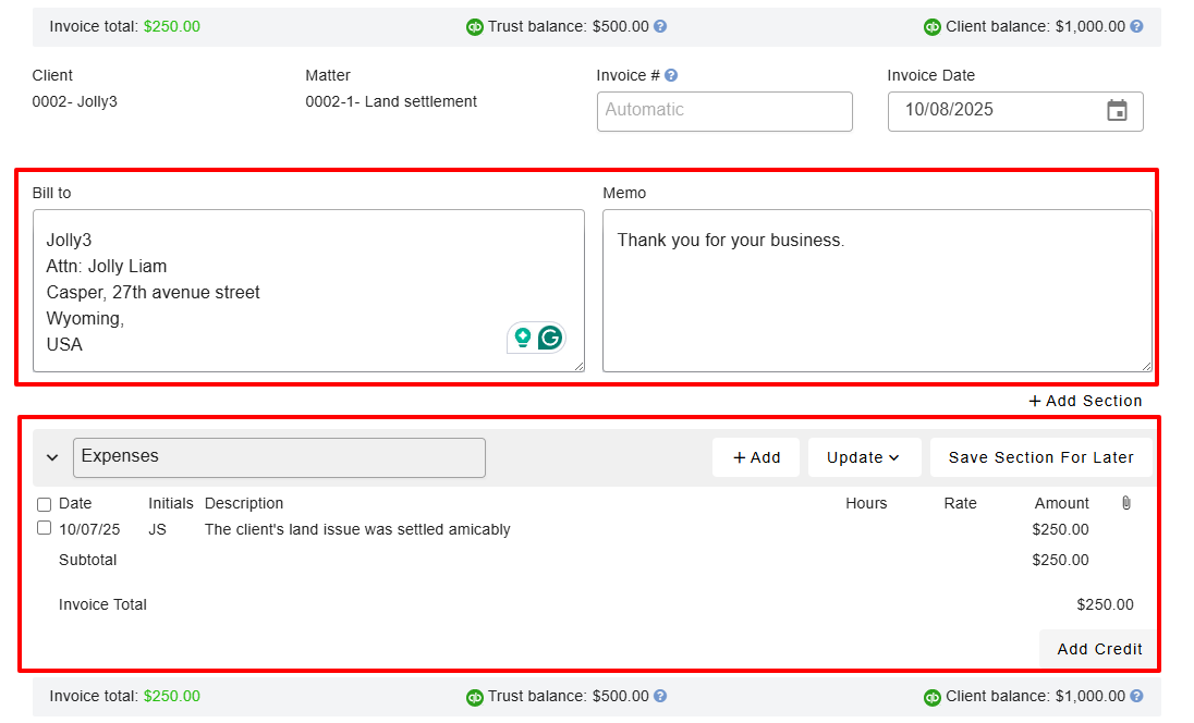 By clicking on the draft invoice, you can still modify the information in the billing section
