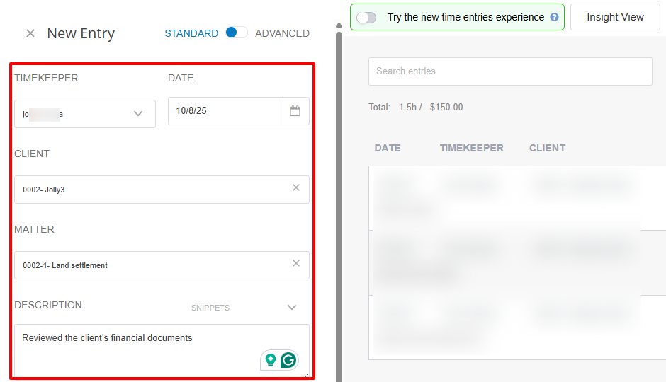 Last but not least, I can create an entry(expense, fixed fee, or time) when I choose a timekeeper and date