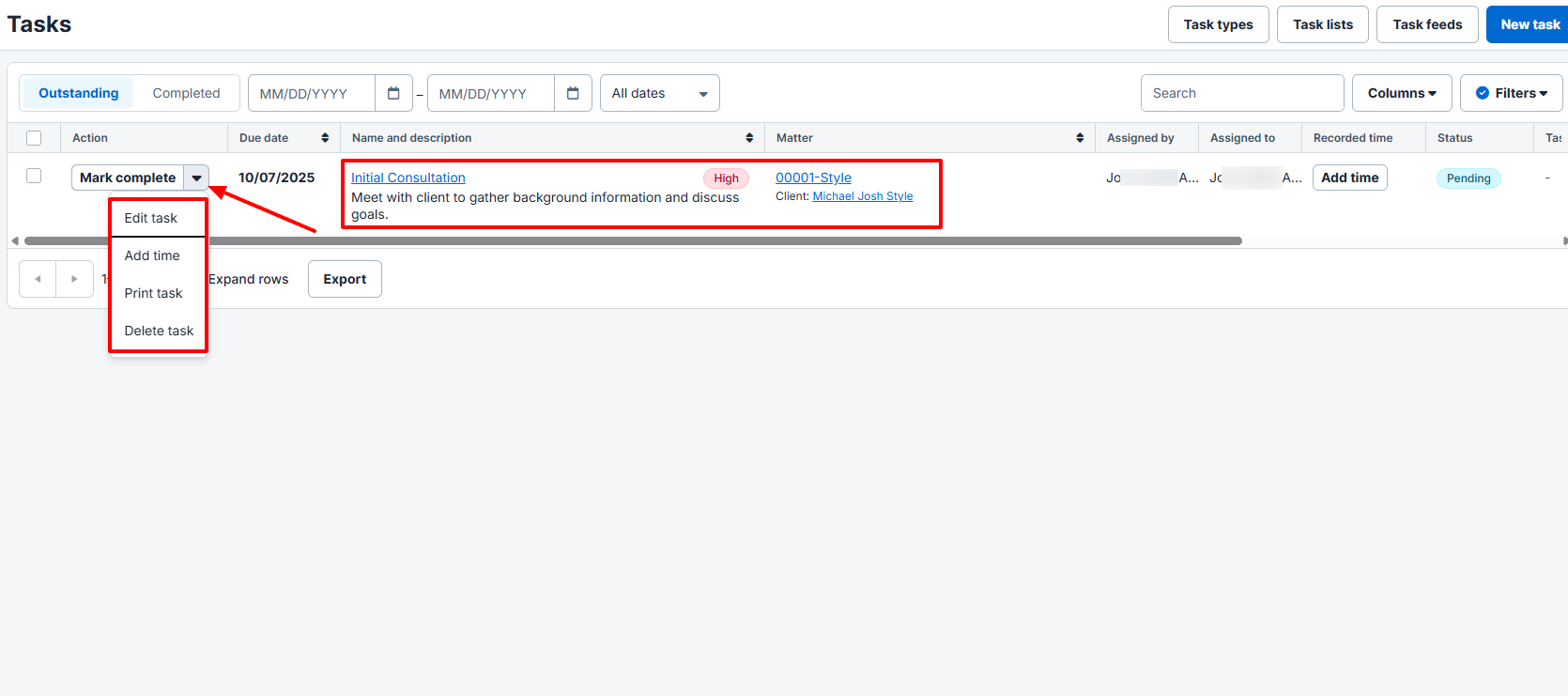 And if you want to edit, delete, or print the task, you can do so