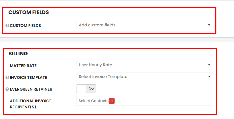 Under Billing, you can specify your matter rate, select an invoice template, and add additional invoice recipient(s)