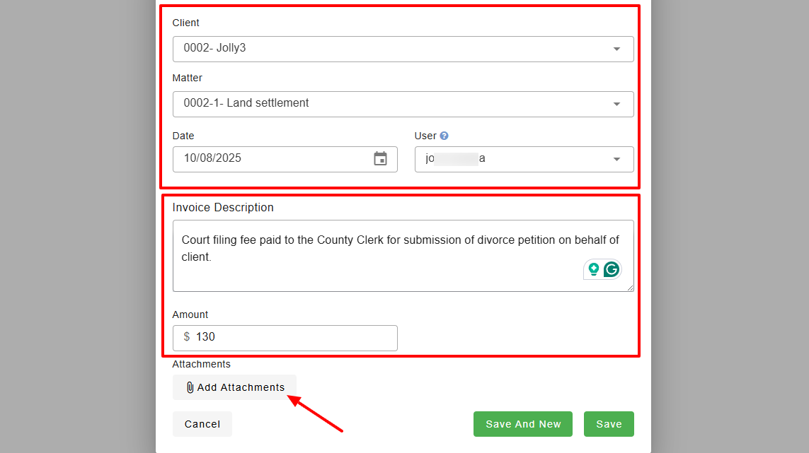 Select the client, matter, and user, then add the date
