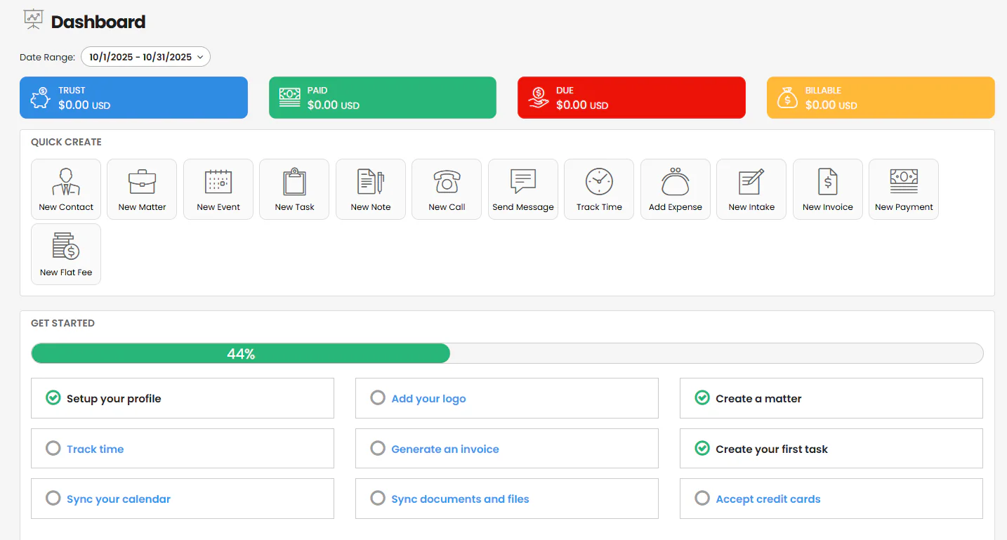 The Home dashboard displays the amount of money in my trust account, what has been paid, what is due, and what is billable