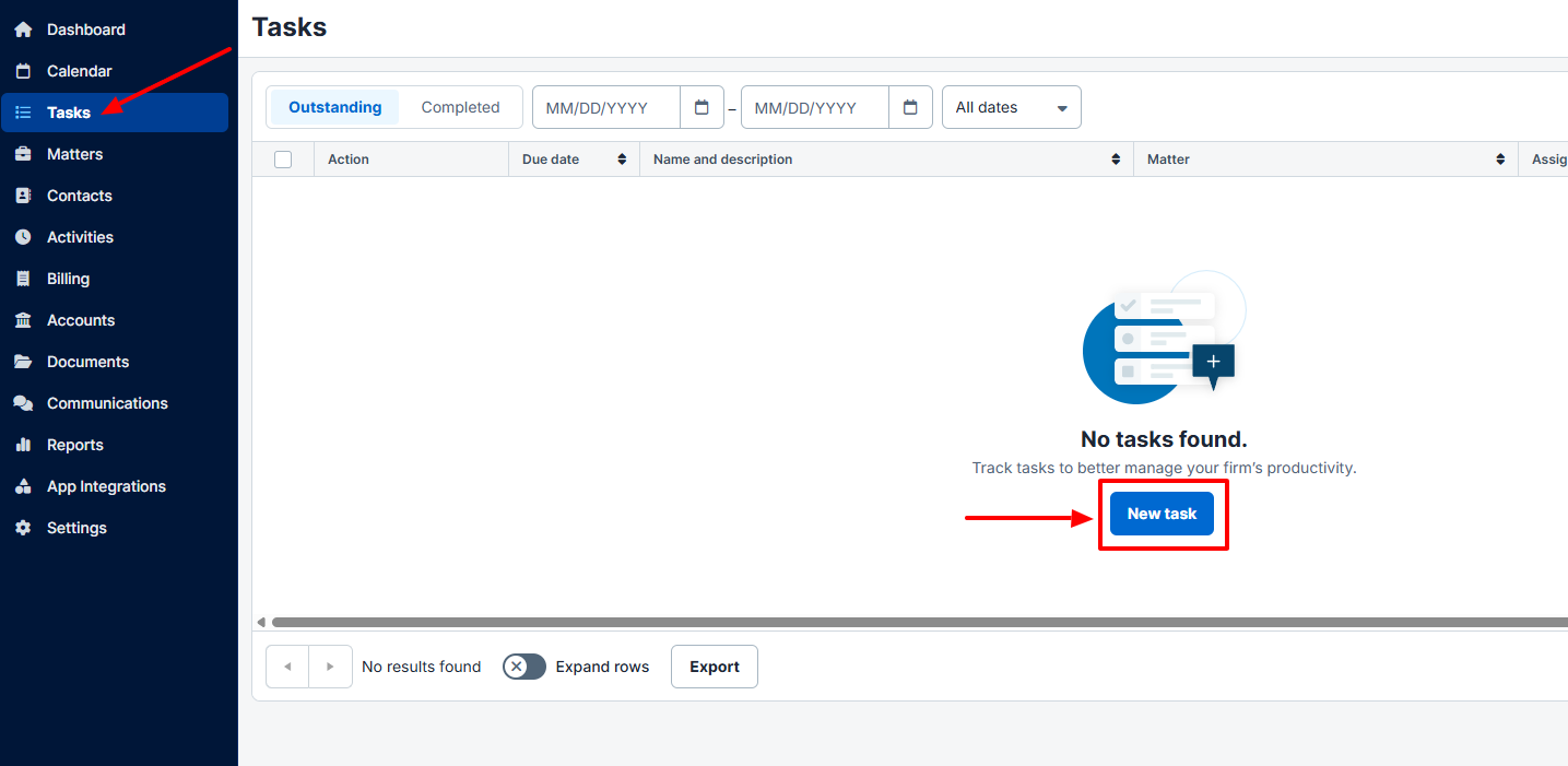 On the sidebar, click 'Tasks' and go to New task