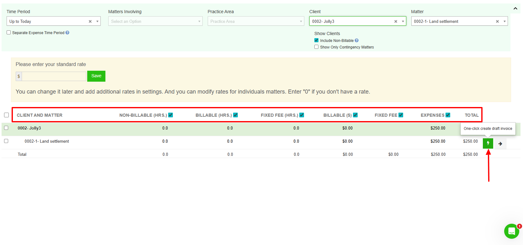 The client & matter will pop up with details like non-billable hours, billable hours, fixed fee, expenses, and total