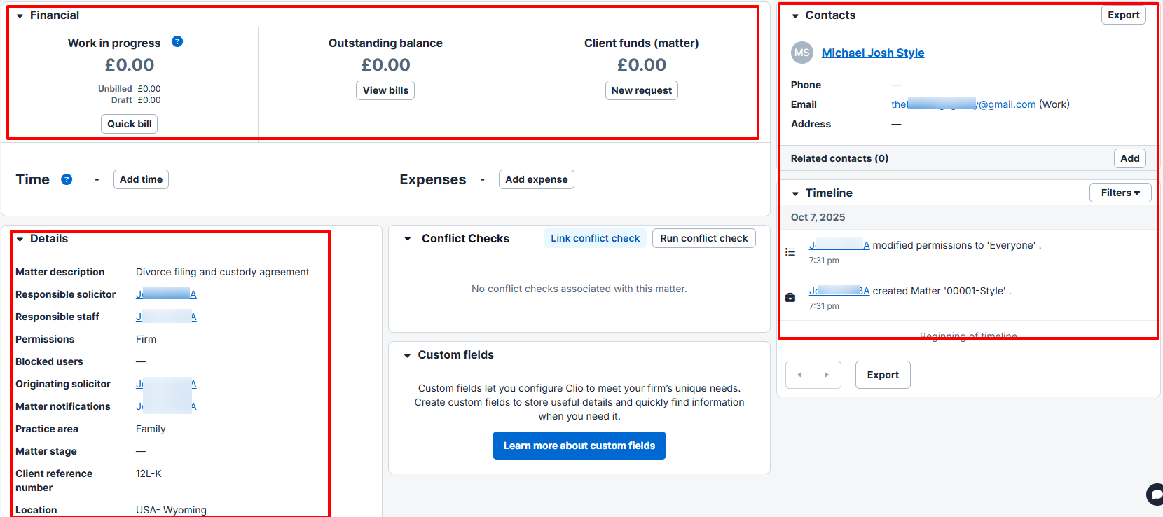 And that is it. You've just created your new legal case! You can see financial information at the top and details of the