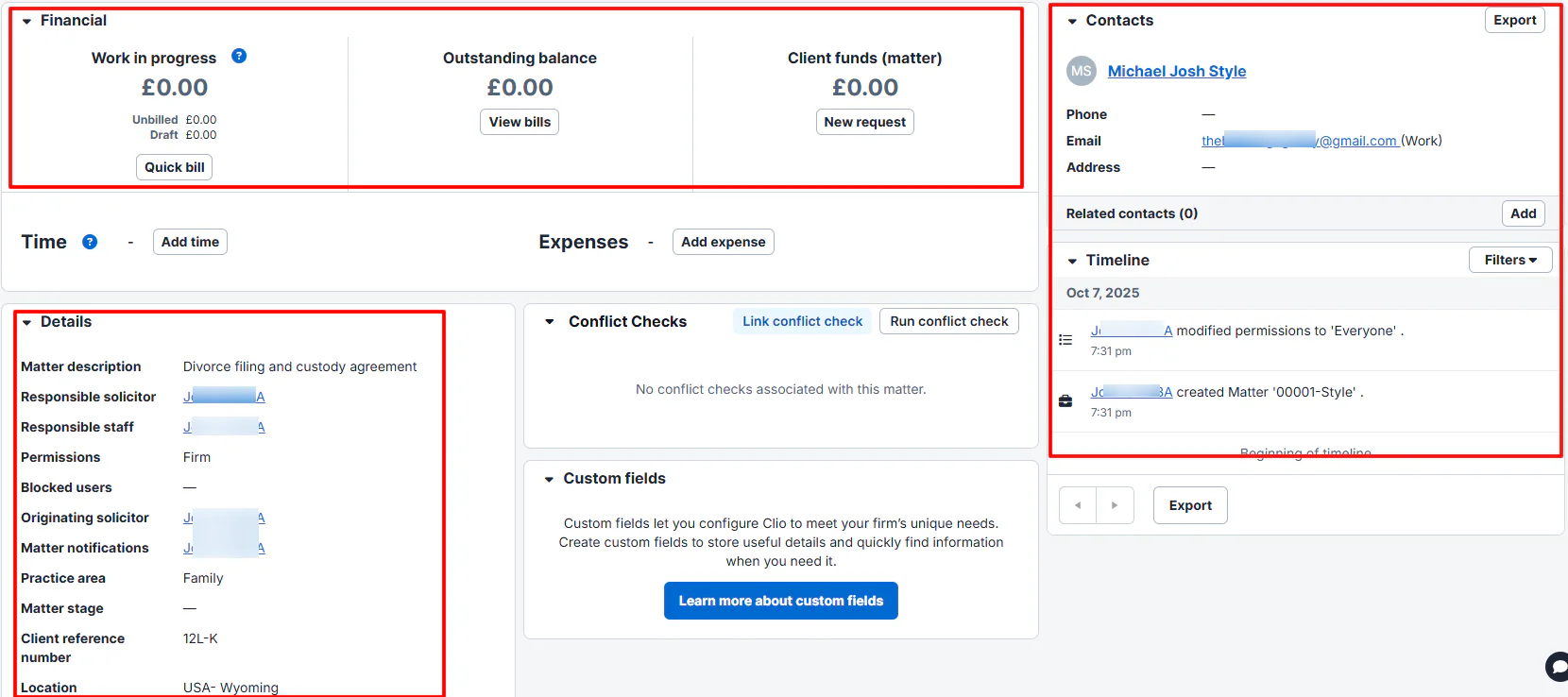 And that is it. You've just created your new legal case! You can see financial information at the top and details of the