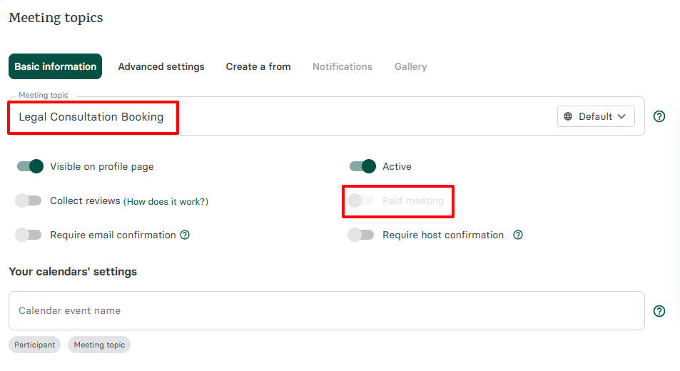 Now, give your meeting a name. You can also turn on the 'paid meeting' button