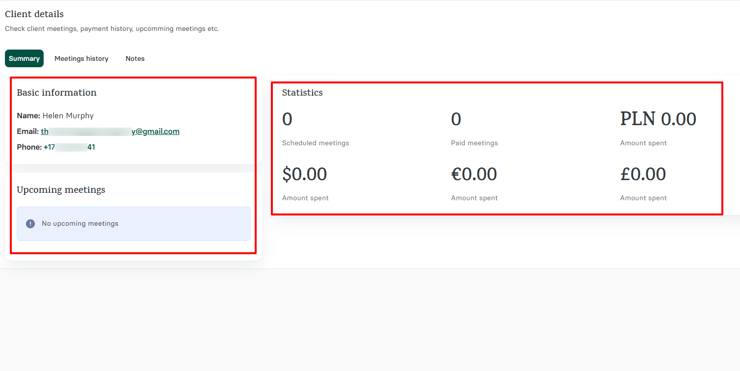 Under your client's data, you can see the upcoming and past appointments