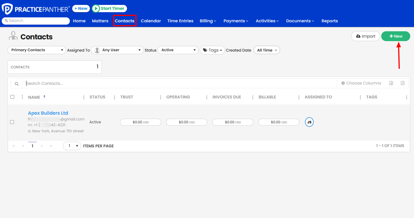 To add a client, you will click 'Contacts', then 'New'