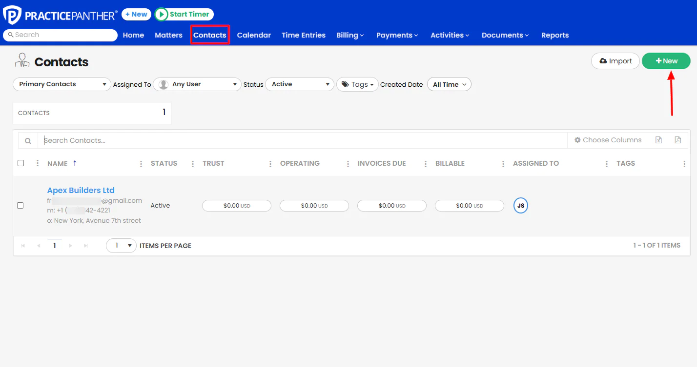 To add a client, you will click 'Contacts', then 'New'