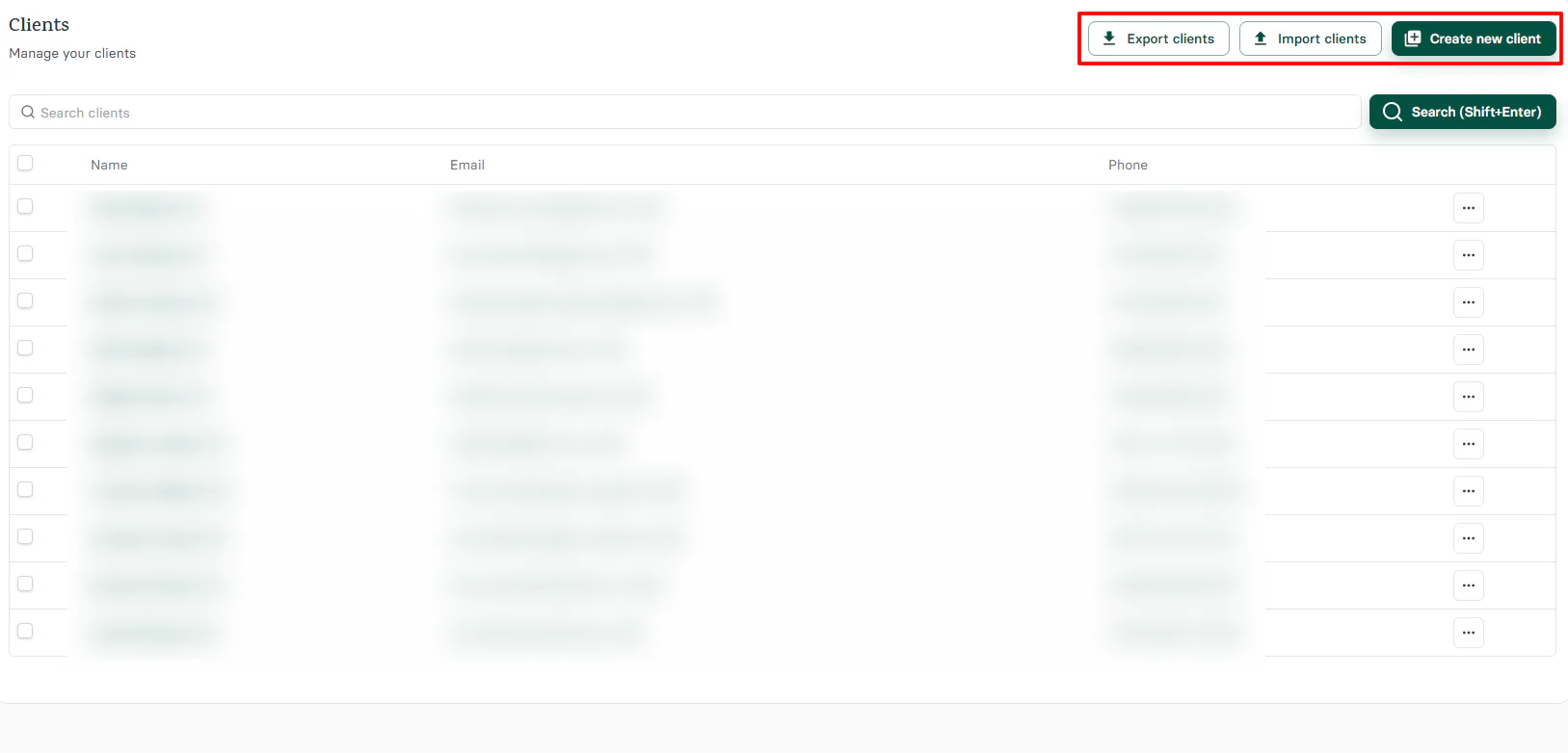Zencal gives you three options: export, import, or create a new client