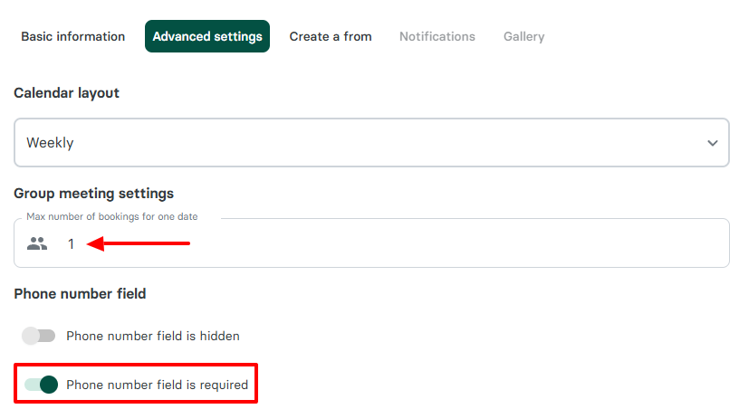 Moving on, you can choose the maximum number of bookings for one date, and make the phone number field required for bookers