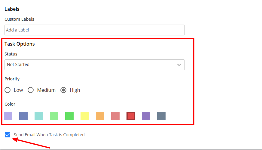 Under Task options, you can select the priority level, choose a color, and turn on the email notification button