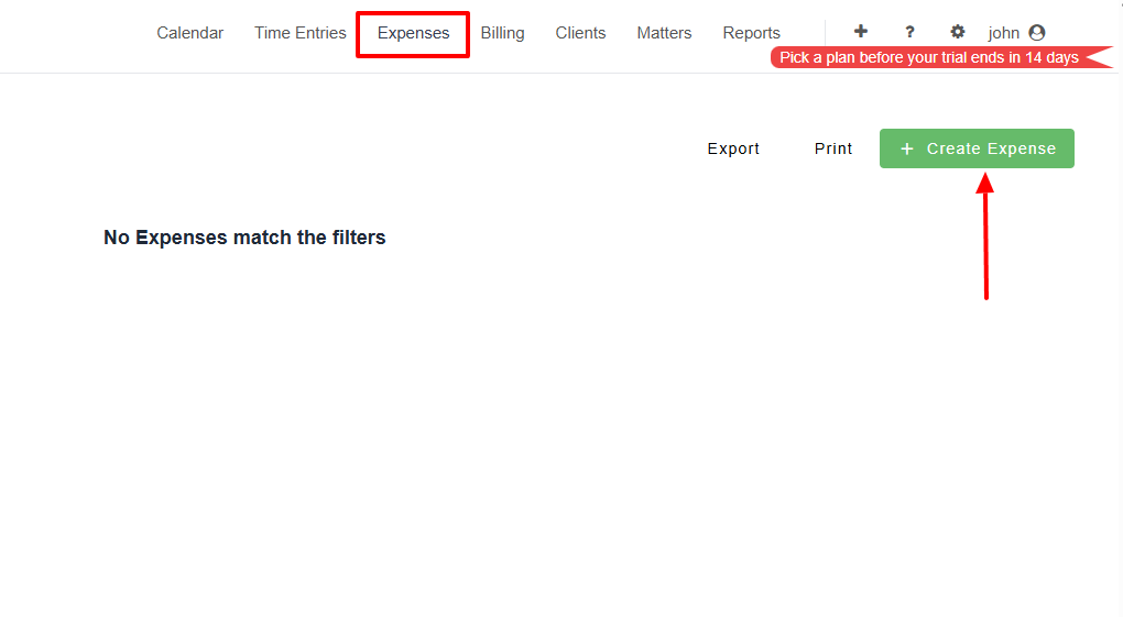 Still in the top bar menu, click 'Expenses', then 'Create Expense'