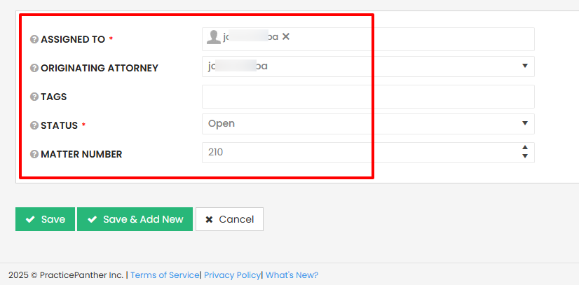 Add the assignee, originating attorney, tags, status, and matter number