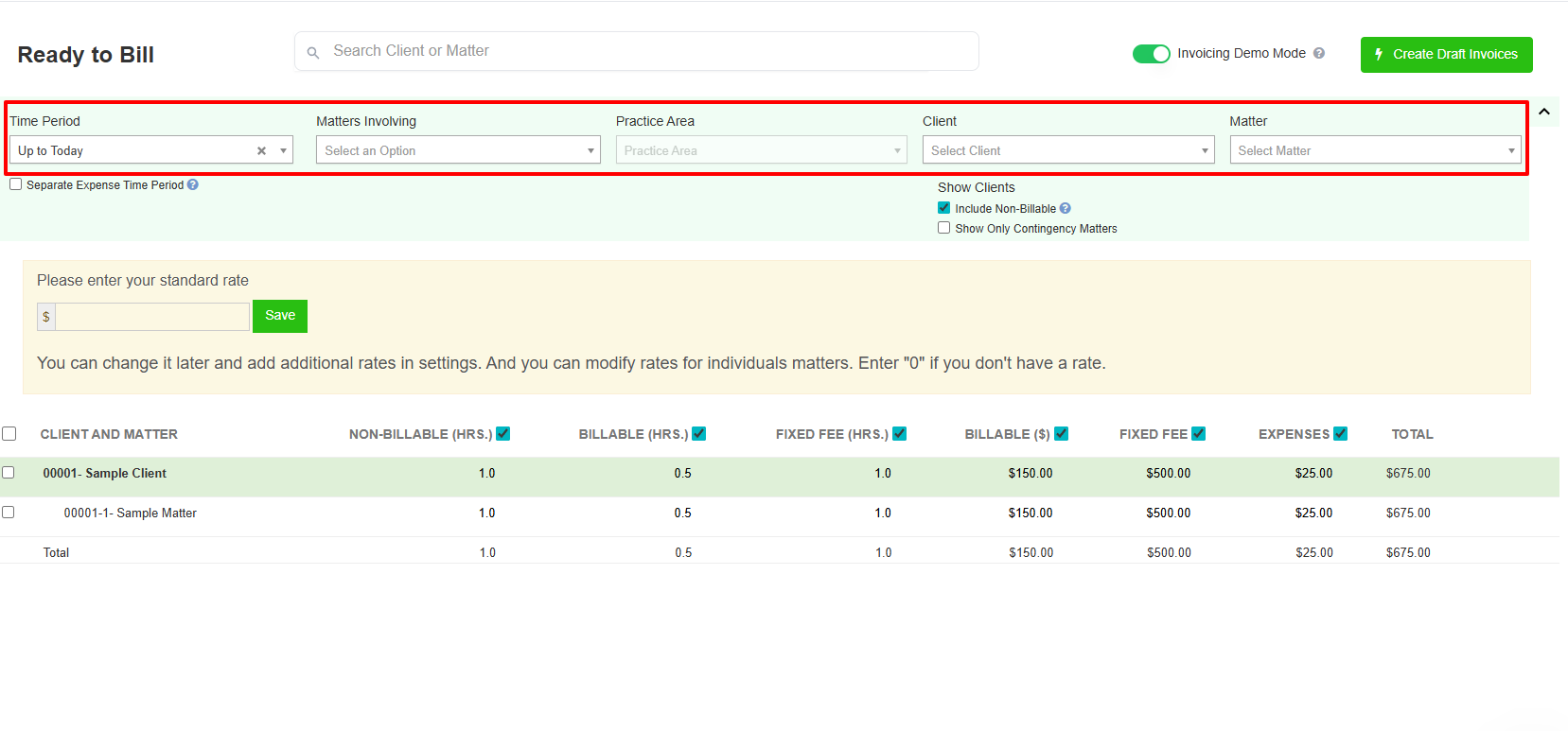 Before billing, I first have to select the time period, the matter's invoicing, and the client