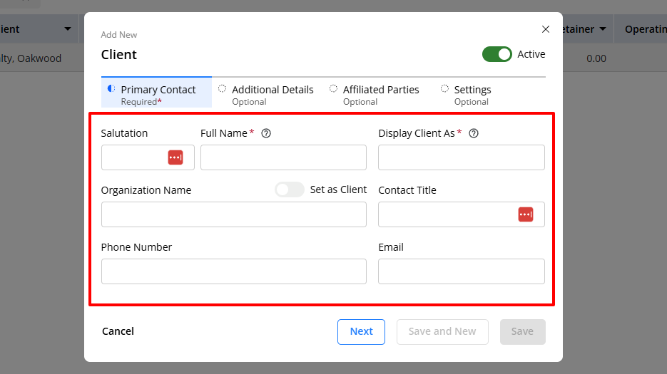 Now, its Contacts feature allows me to add clients by entering a salutation, full name, organization name, contact title