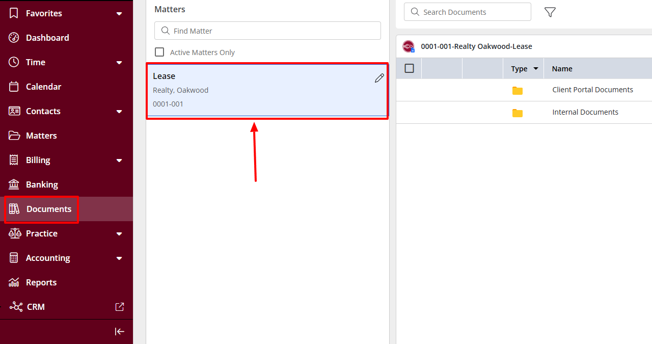 With the Documents feature, I can select my preferred matter, then upload a file or folder
