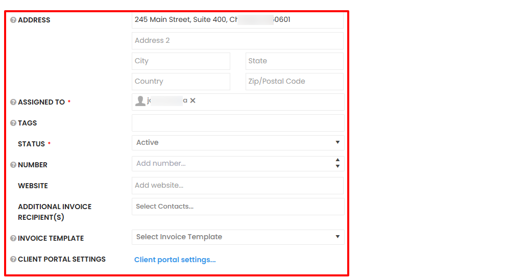 You can add their address, choose an assignee, select a status, an invoice template, and add a website