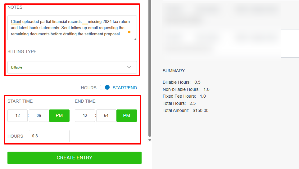 You can also add a note, choose the billing type, then specify the start & end time of the entry