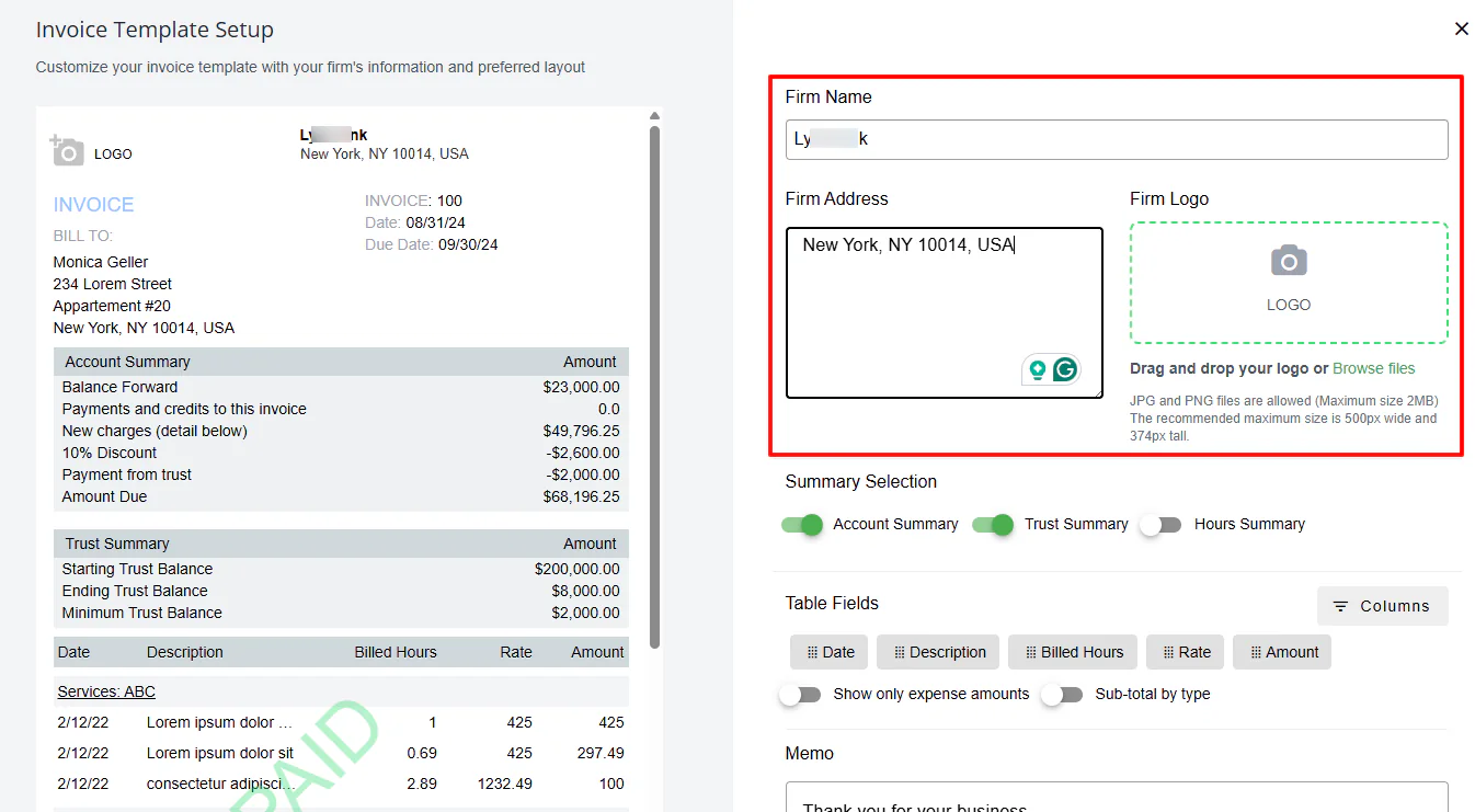 With the Billing feature, you can create and set up your invoice